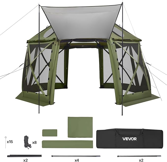 VEVOR Pop up Gazebo Screen Tent, 13 x 13 ft, 13-Sided Spherical Camping Canopy Tent with Removable Top & Carry Bag, Quick-Set & Bite-Proof, Screen House Sun Shelter for 10-12 Persons, Green