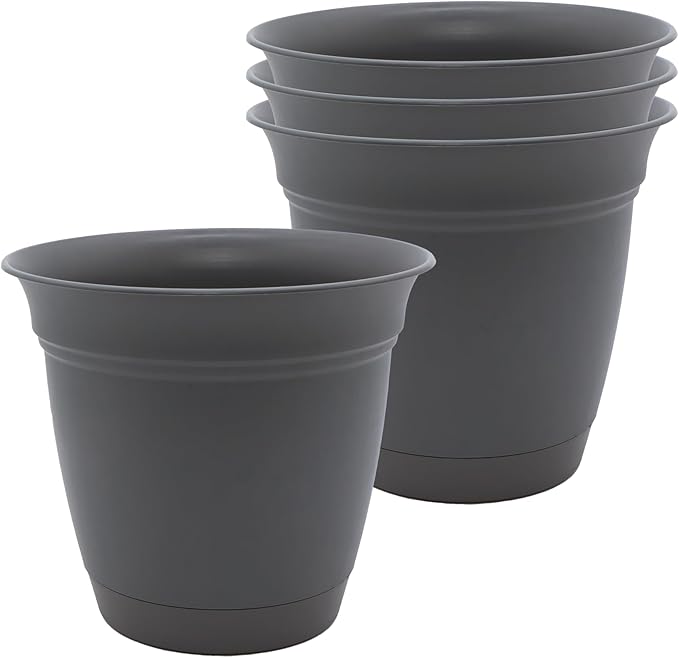 The HC Companies 6 Inch Eclipse Round Planter Pots with Drainage Holes & Attached Saucer, Lightweight UV-Resistant Plastic Indoor Outdoor Planters, 4-Pack Flower Pots for Garden Home Decor, Warm Gray