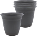 The HC Companies 6 Inch Eclipse Round Planter Pots with Drainage Holes & Attached Saucer, Lightweight UV-Resistant Plastic Indoor Outdoor Planters, 4-Pack Flower Pots for Garden Home Decor, Warm Gray