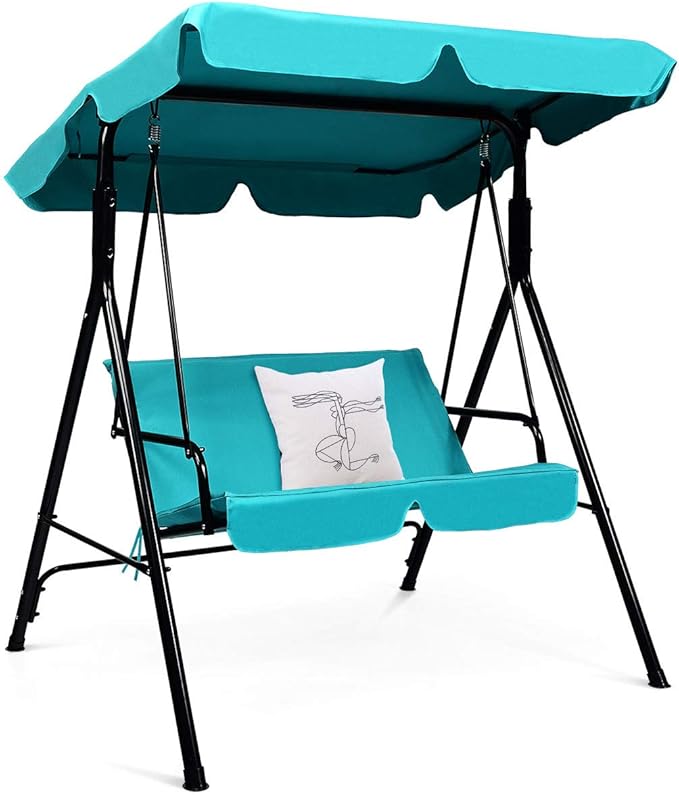 Tangkula 2 Person Porch Swing, Outdoor Swing with Removable Cushions, Solid Steel Structure, Patio Swing with Adjustable Canopy for Porch, Backyard, Garden, Balcony Turquoise