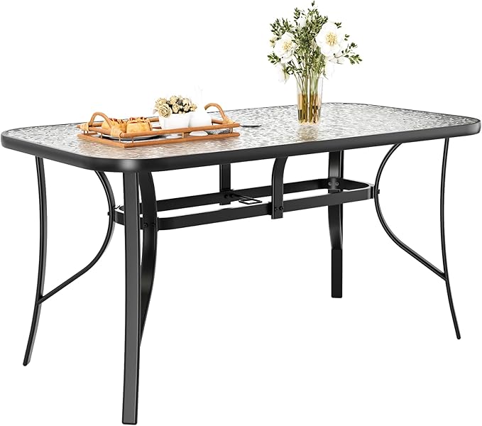 TLSUNNY Patio Outdoor Table W/ 1.69″ Umbrella Hole, 30"X 55" Rectangular Tempered Glass Patio Dining Table for 6, Outdoor Metal Furniture, All-Weather Use, for Patio, Graden, Backyard (Black)