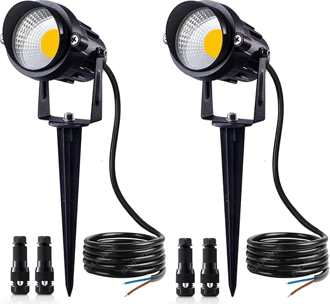 SUNVIE 12W Low Voltage Landscape Lighting LED Landscape Lights 3000K Waterproof Garden Pathway Lights 12V Outdoor Spotlights with Spike Stand, 2 Pack with Connectors