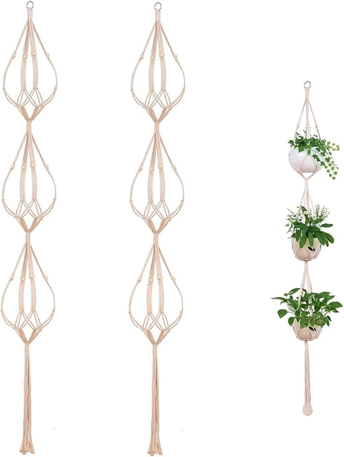ELANE 2PCS 3-Tier 70" Macrame Plant Hangers Basket Plant Hanger Indoor Outdoor Hanging Plant Holder for Stand Flower Pots Decorations