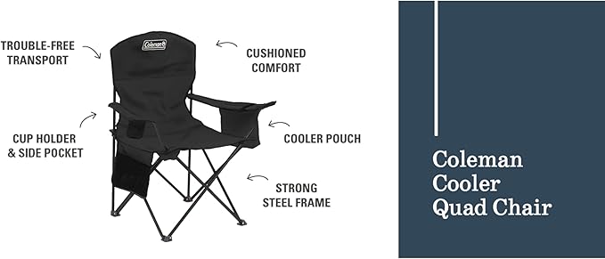 Coleman Portable Camping Chair with 4-Can Cooler, Cushioned Seat & Back with Side Pockets & Cup Holder, Carry Bag Included, Great for Camping, Tailgating, Firepits, Patio, & More