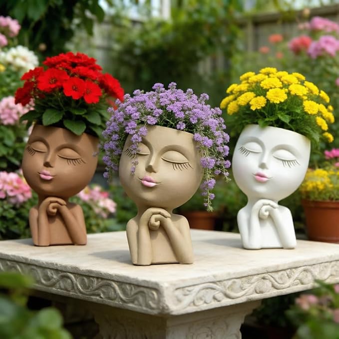 Face Head Planter, Funny Heads Plant Pots, Cute Girl Faces Plant Pot, Decorative Flower Pots, Cute Succulent Pots with Drainage for Home Garden Decor, Plant Lover's Gifts for Women (7" Khaki)