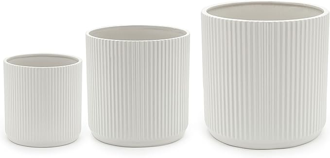 Amazon Basics Assorted Sizes Fluted Ceramic Round Indoor Outdoor Planters with Drainage Hole, Set of 3, Modern Design, 6 inch, 8 inch, 10 inch, White, Succulent Flower Pots
