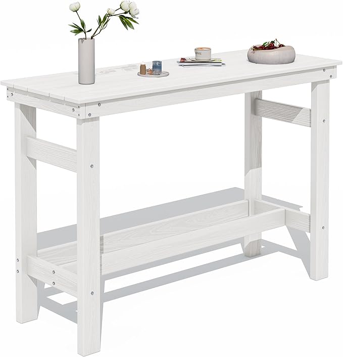 SERWALL 41" Outdoor Bar Table with 1.6" Umbrella Hole, HDPE Patio Bar Counter Height Table, All-Weather Rectangle Bar Table for Backyard, Garden, Poolside, Balcony - White