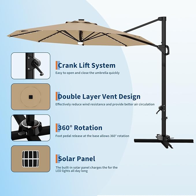 Garvee 10 ft Cantilever Patio Umbrella with Solar Lights, 360°Rotation Offset Umbrella, Easy Crank & Tilt Adjustment, UV Protection for Backyard, Poolside, Deck