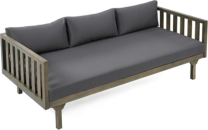 Merax Outdoor 3 Seater Daybed, Acacia Wood Day Bed Couch Sofa with Cushions for Patio Backyard, Garden, Dark Grey