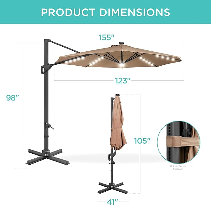 Best Choice Products 10ft Solar LED Cantilever Patio Umbrella, 360-Degree Rotation Hanging Offset Market Outdoor Sun Shade for Backyard, Deck, Poolside w/Lights, Easy Tilt, Cross Base