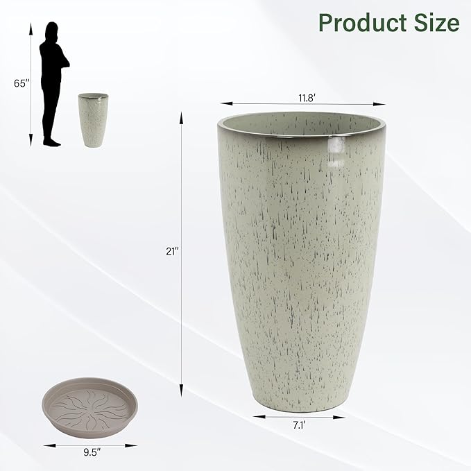Set of 2 Lightweight Ceramic-Look Tall Planter, 21 inch Large Plastic Planter with Drain Hole & Saucers, Large Outdoor Planters for Porch, Garden, Patio, Balcony(Glaze Beige)