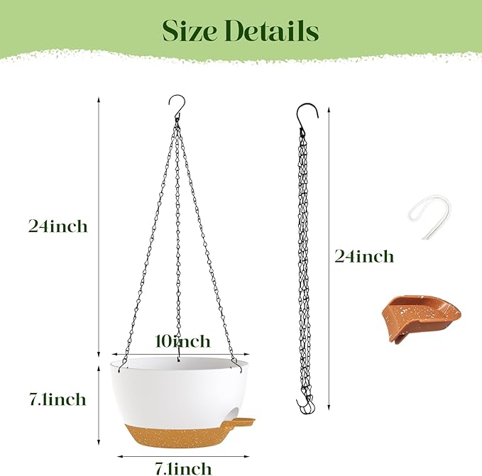 2 Pack 10 Inch Self Watering Hanging Planters for Indoor Plants, Large White Brown Plastic Hanging Pots with Chains for Outdoor Patio Garden Home Decor (White Brown)