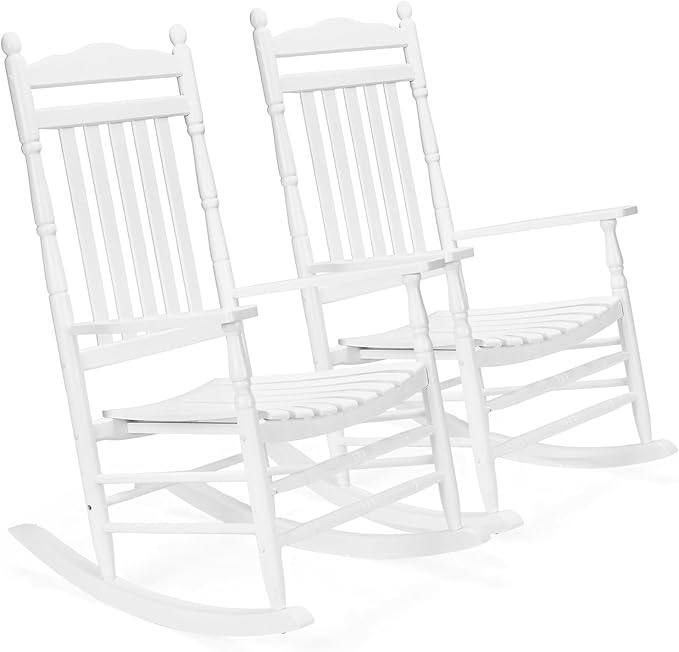 VINGLI Wooden Rocking Chair, Outdoor Chair with 450 lbs Support, Relaxing Rocker with Solid Wood High Back Seat Reclining Seat for Deck, Garden, Backyard, Porch, Indoor or Outdoor Use (White, 2PCS)