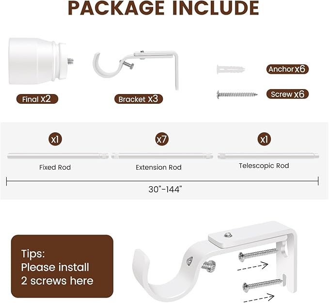 1” Diameter Curtain Rods Itself is 30 to 144 inch 1 Pack Fit 30-142 inch, 66 to 120 inch Window with Heavy Duty Adjustable Rod Matte White Splicing Metal Extra Long Curtain Rod for Windows