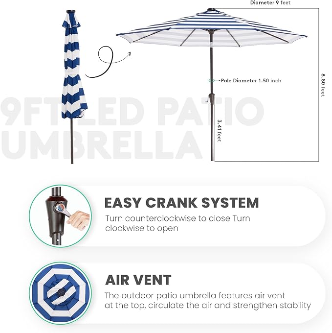 JEAREY 9FT Outdoor Patio Umbrella with Solar Lights, LED Lighted Pool Umbrella with Tilt and Crank, Outdoor Table Umbrellas for Deck, Yard & Market (Blue White Striped)