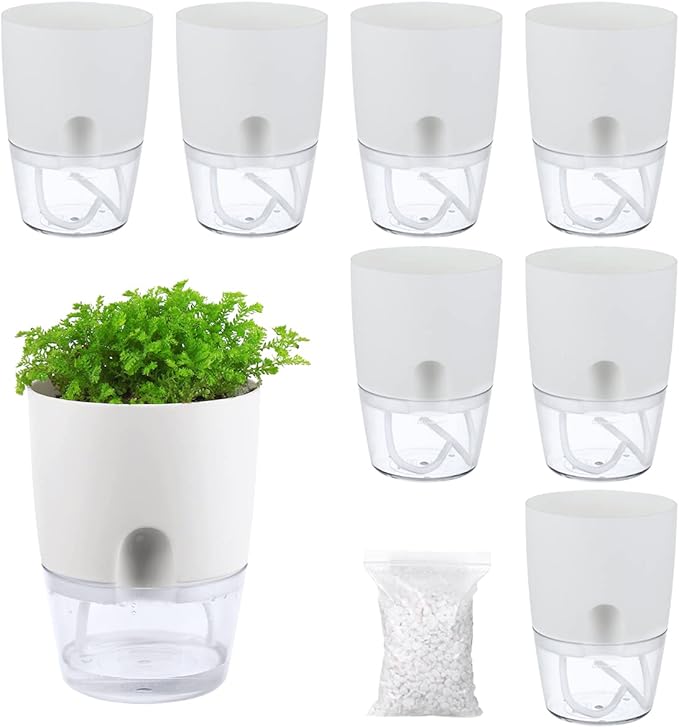 8 Pack Self Watering Pots for Indoor Plants, PlanterHoma 3.2 Inch Plant Pot Plastic Self Watering Planter for Orchid, African Violet, Mini Clear Flower Pots with Drainage Holes and Wicking Rope, White