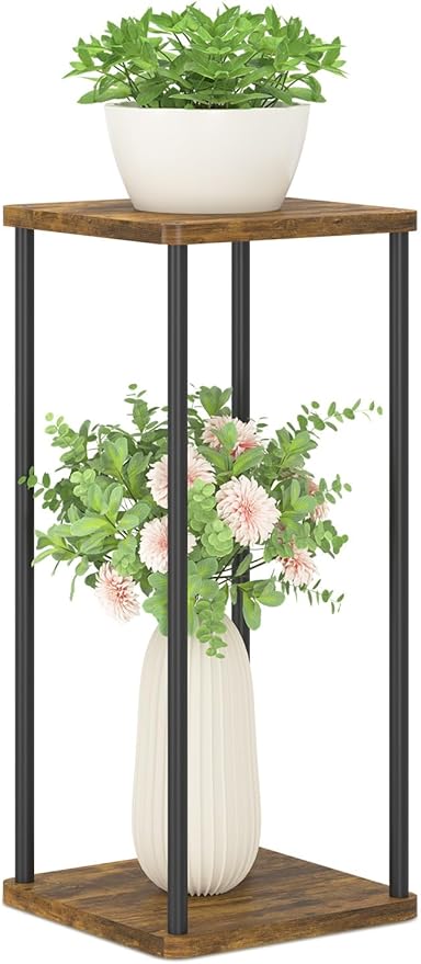 2 Tier Plant Stand Indoor, Oppro 28In Tall Corner Vertical Wood Metal Shelf, Square Modern Black Large Planter Table Heavy Duty Flower Pot Holder Rack for Narrow House Living Room Floor Orchid, Rustic