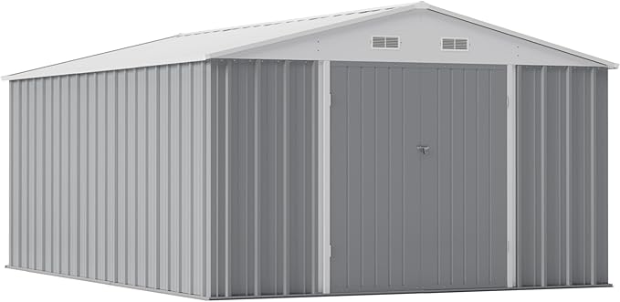 Greesum 10×14 FT Outdoor Storage Shed, Metal Storaged Sheds Without Floor, Tool Sheds with Lockable Doors and Sloping Roof for Garden, Patio, Gray