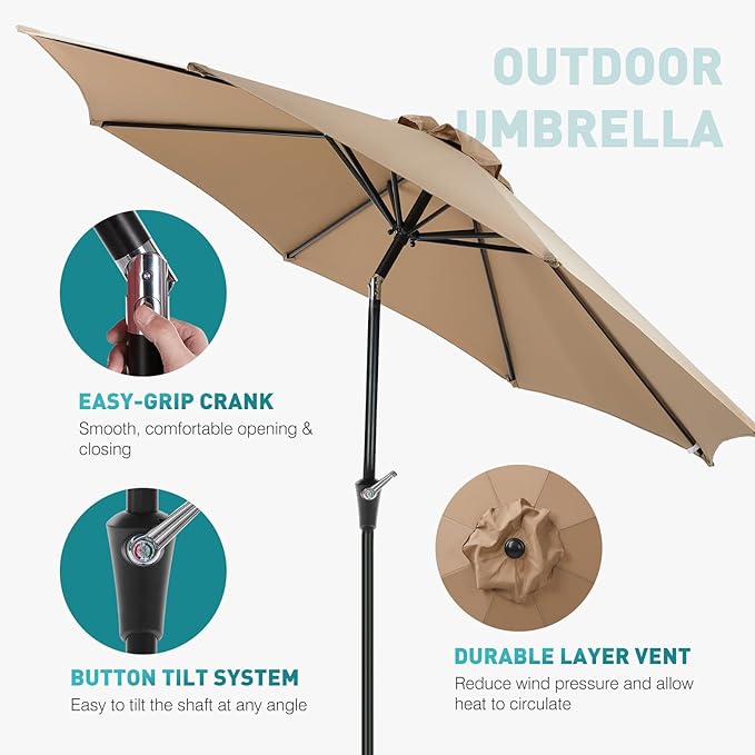 OLIXIS 9ft Patio Umbrella with Tilt and Crank Button & 8 Sturdy Ribs Waterproof, Patio Table Umbrella Perfect for Poolside, Terrace, Beach and Outdoor Restaurant, Khaki