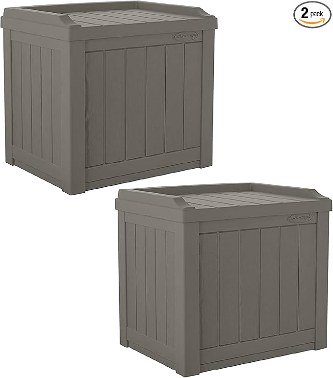 Suncast 2 Pack 22 Gallon Indoor or Outdoor Backyard Patio Small Storage Deck Box with Attractive Bench Seat and Reinforced Lid, Stone Gray
