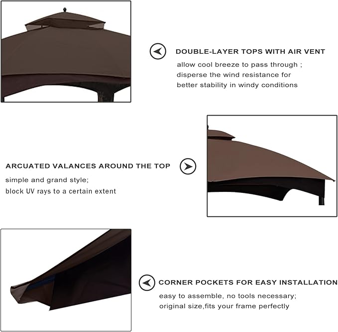 Eurmax USA High Performance Replacement Canopy Top for Lowe's Allen Roth Heavy Duty Gazebo Roof Gazebo Top with Air Vent 10X12 Cover #GF-12S004B-1, Replacement Top Only (Brown)