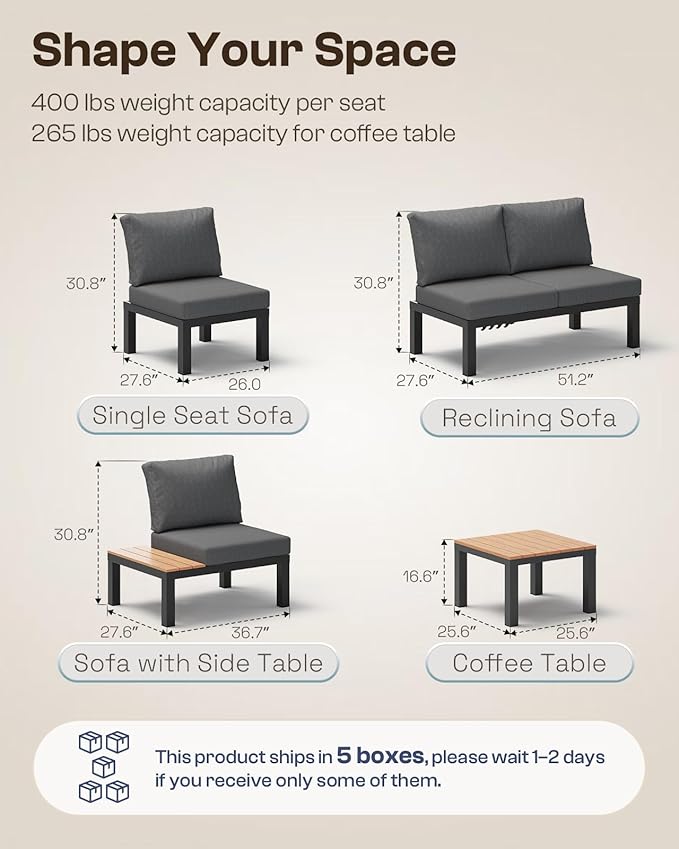 Aluminum Modular Outdoor Patio Furniture Set, 8 Seats Sectional Sofa Set with Adjustable Backrest & Thick Cushions, All-Weather L-Shaped Corner Set with Table for Garden & Yard, Graphite