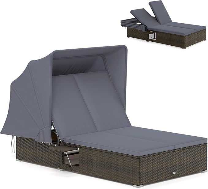 RELAX4LIFE Outdoor Rattan Daybed w/Canopy - Wicker Double Chaise Lounge w/6-Position Backrest, Folding Side Trays & Cushion, 2-Seater Loveseat Sunbed for Backyard, Patio Rattan Bed Lounger (Gray)