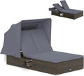 RELAX4LIFE Outdoor Rattan Daybed w/Canopy - Wicker Double Chaise Lounge w/6-Position Backrest, Folding Side Trays & Cushion, 2-Seater Loveseat Sunbed for Backyard, Patio Rattan Bed Lounger (Gray)
