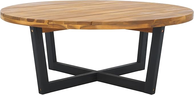 SAFAVIEH Outdoor Collection Leo Natural/Black 4-Leg Round Coffee Table, Ideal for Deck, Patio, Backyard, Sunroom