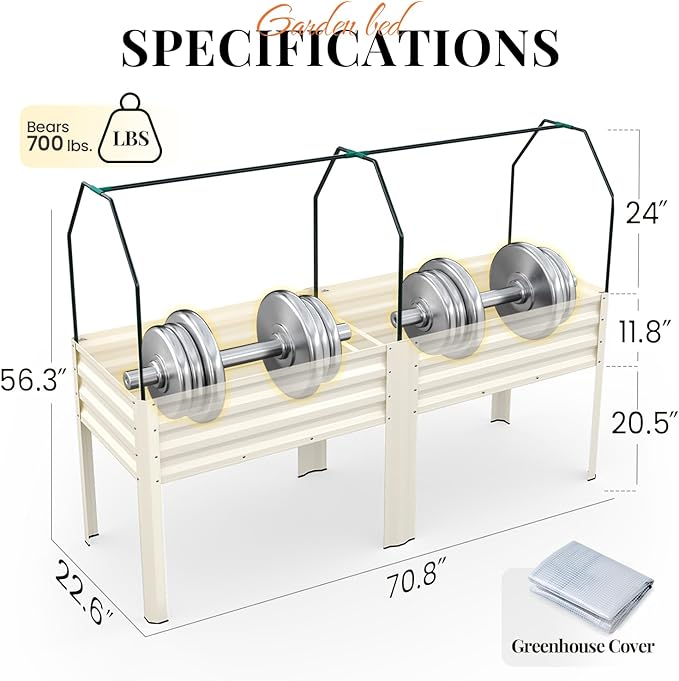 KING BIRD Large Raised Garden Bed with Netting Galvanized Elevated Planter Box with Legs 72×23×55 in for Backyard, Patio, Balcony, 700lb Capacity, Beige