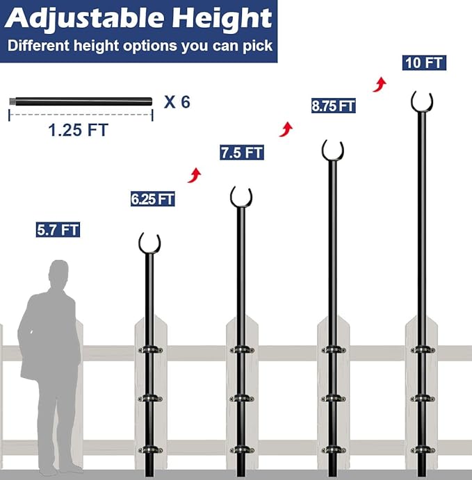 10FT String Light Poles for Outdoor, Heavy Duty Metal Lighting Stand Pole for Deck Fence Railing Backyard Patio Holiday Wedding Party Decorations 2 Pack
