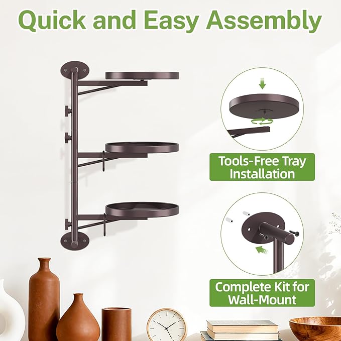 iDavosic.ly Rotating Window Plant Shelves, 3-Tier Metal Wall Stand with 2 Hooks, Flower Display Holder Rack for Living Room, Space Saving, Bronze (Pots/Chains/Plants Not Included)
