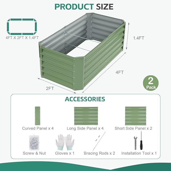 Galvanized Raised Garden Bed - 4x2x1.4ft (2Packs) Metal Garden Planter Box Outdoor | Steel Raised Bed Kit with Bracing Rods, Gloves for Gardening Vegetables Fruits and Flowers