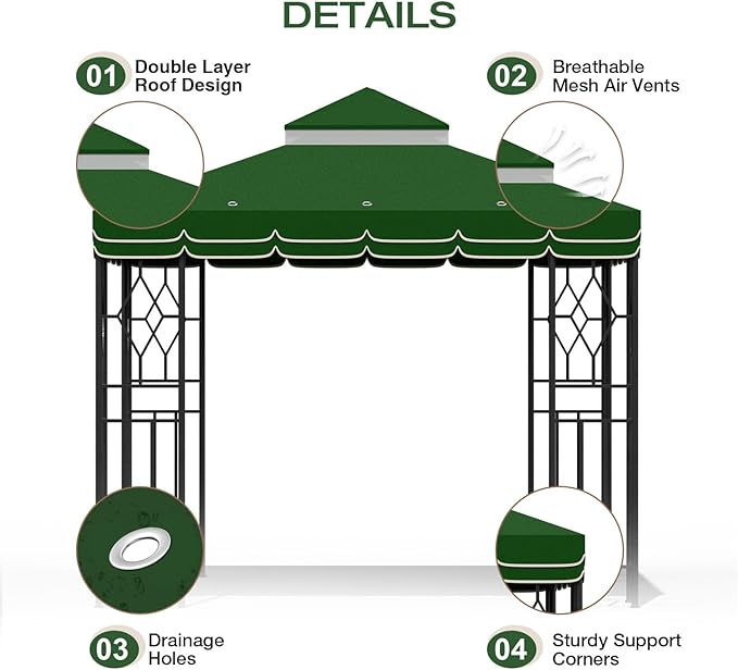 10x10 Canopy Replacement Top Double Tiered Gazebo Cover for Yard, Patio & Garden Durable Sunshade Replacement (Green with lace)
