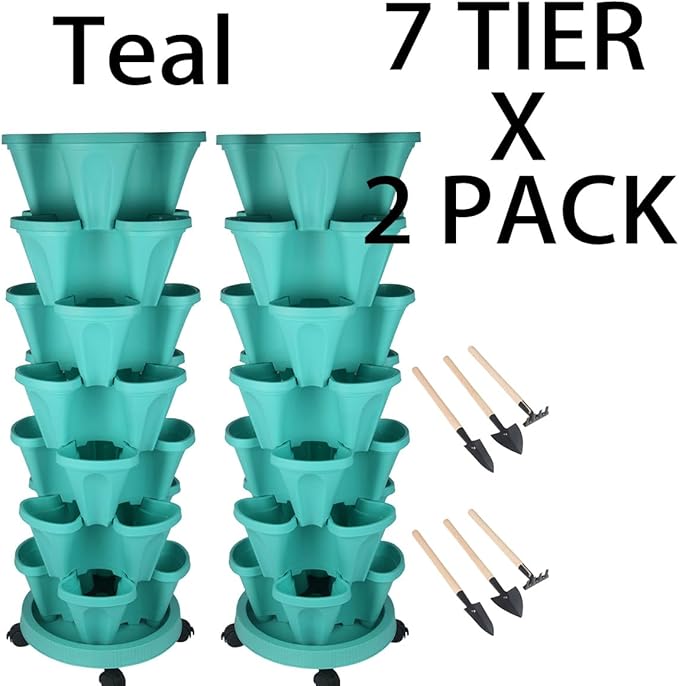 GameXcel Vertical Planter 7 Tier Stackable Planters Garden Planters Strawberry Herb Flower and Vegetable Planter Indoor Outdoor Gardening Pots with Removable Wheels and Tools-Teal 2 Pack
