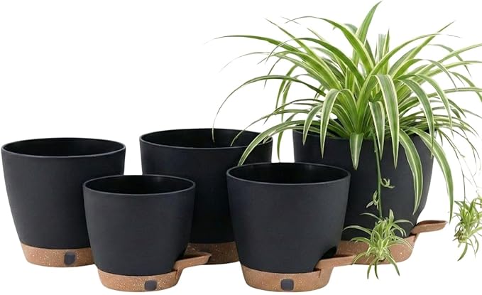 montresor 5-Pack Self-Watering Plastic Plant Pots 5/5.5/6/6.5/7 Inch– Black Indoor Flower Pots with Wick & Water Tray for Herbs, Succulents, Seedlings, Small Plants
