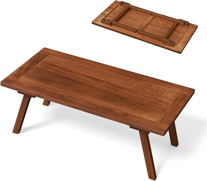 VINGLI Outdoor Folding Coffee Table, Natural Poplar Wood Patio Coffee Table, No Assembly Required, Ideal for Balcony, Porch, and Living Room, Rectangle, Natural