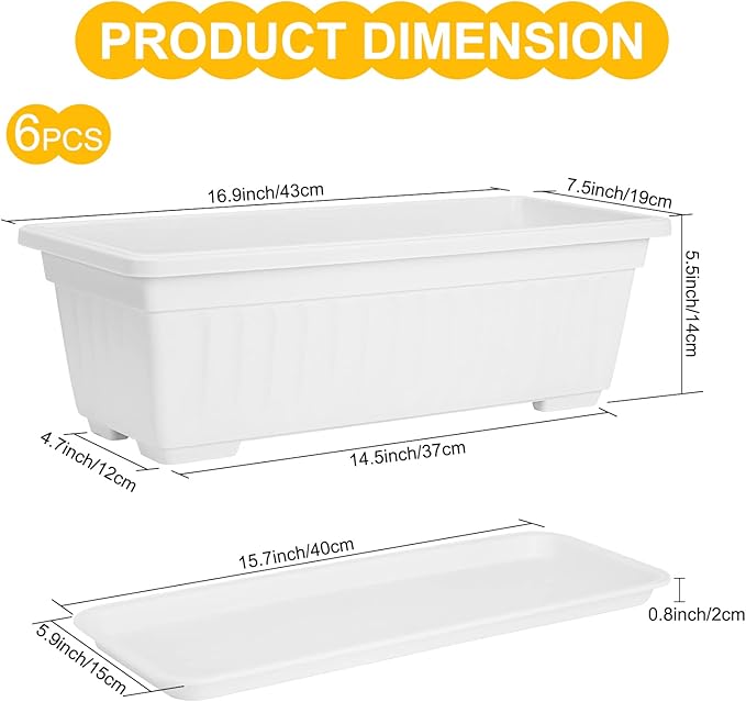 6 Packs Window Box Planter, 17 Inches Flower Window Box Rectangular Plastic Vegetable Planters with Trays for Windowsill, Patio, Garden, Balcony, Porch White
