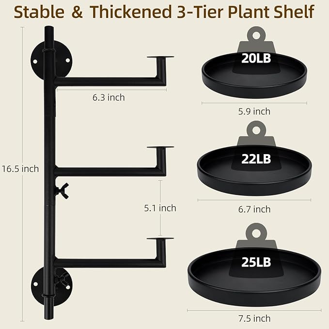Rotating Window Plant Shelves with Adjustable Knobs, 3 Tiers Metal Wall Shelf for Plants Indoor, Sturdy Hanging Plant Holder, Window Wall Decor & Gardening Gifts (Black)