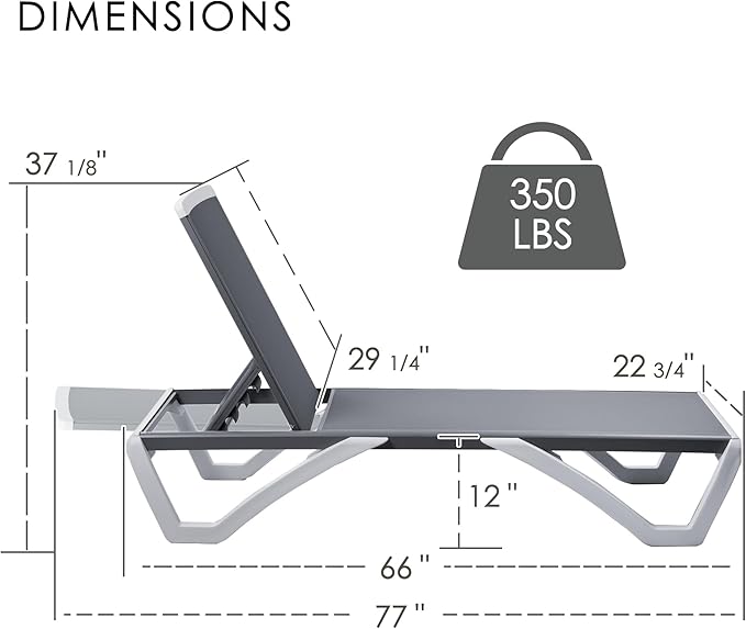 Kozyard Outdoor Chaise Lounge Chair, Full Flat Adjustable Patio Lounger with Aluminum Frame & Resin Legs, Textilene Fabric for Poolside, Backyard & Beach (Gray Without Table)