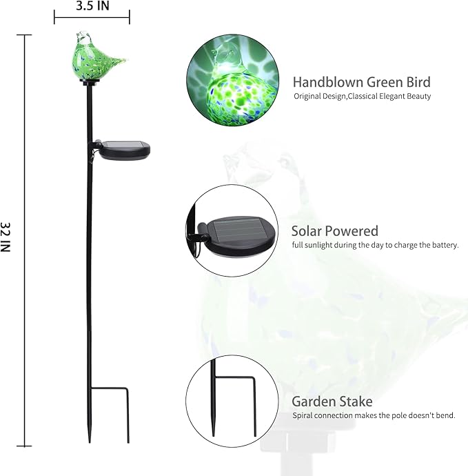 Bshine Solar Garden Decoration Outdoor Green Bird Lights, 2 Pack Hand Blown Glass Bird Waterproof Solar Light Stake Hummingbird Decorate Paths, Pathways, Lawns and Yards Art for Mom