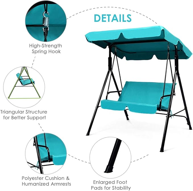 Tangkula 2 Person Porch Swing, Outdoor Swing with Removable Cushions, Solid Steel Structure, Patio Swing with Adjustable Canopy for Porch, Backyard, Garden, Balcony Turquoise