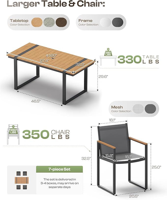 Outdoor Table and Chairs of 4, Patio Dining Sets, HDPS + Aluminum Outdoor Furniture Set with Umbrella Hole, Patio Dining Table Set (Gray-Teak)