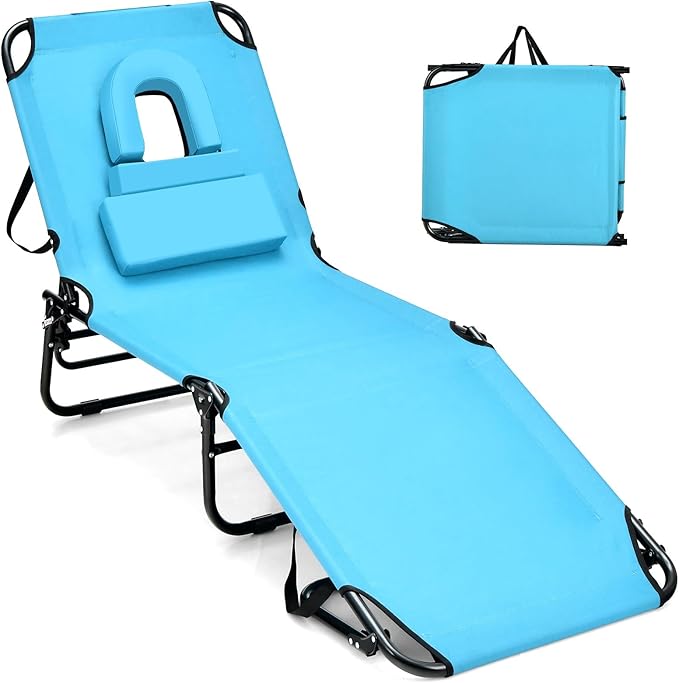 GYMAX Tanning Chair, 350lbs Beach Lounge Chair with Face Hole, Detachable Washable Pillow & Carry Strap, Adjustable Folding Chaise Lounge, Layout Chair for Outside, Patio, Poolside, Lawn (1, Arctic)