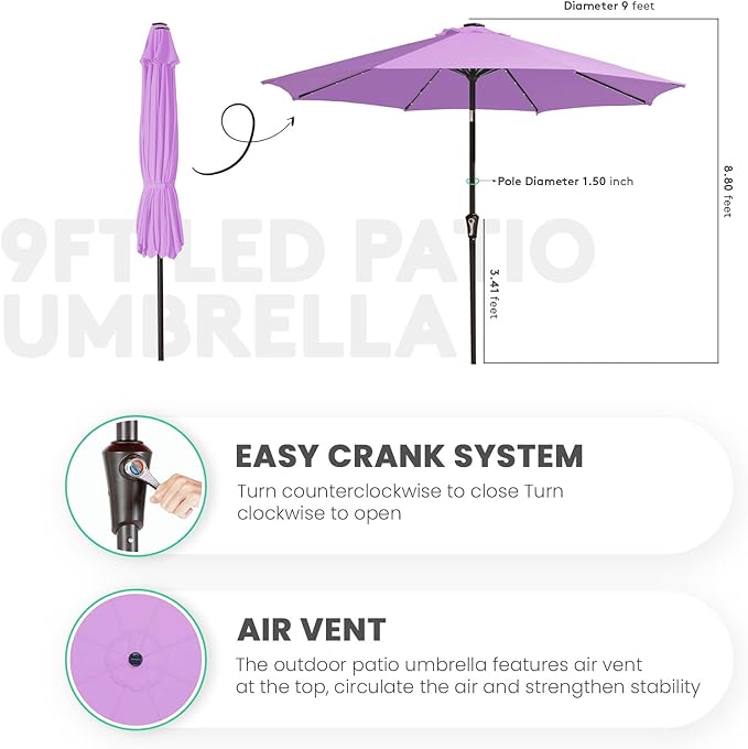 JEAREY 9FT Outdoor Patio Umbrella with Solar Lights, LED Lighted Pool Umbrella with Tilt and Crank, Outdoor Table Umbrellas for Deck, Yard & Market (Taro Purple)