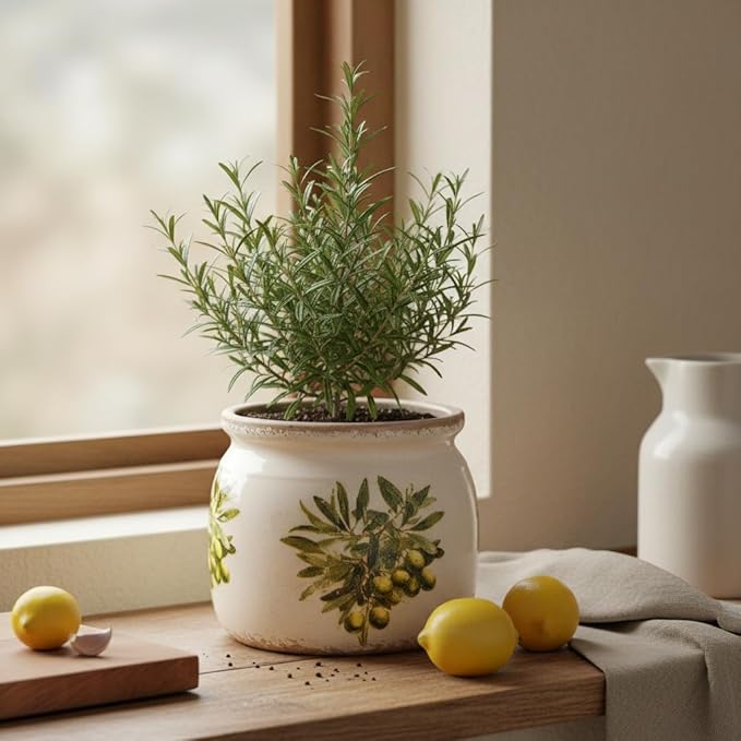 Mediterranean Ceramic Plant Pots with Olives Branches Pattern, 6 Inch Tuscan Planter for Indoor Plants, Rustic Farmhouse Home Kitchen Decor, Tuscan Vase for Centerpiece, Olive Green