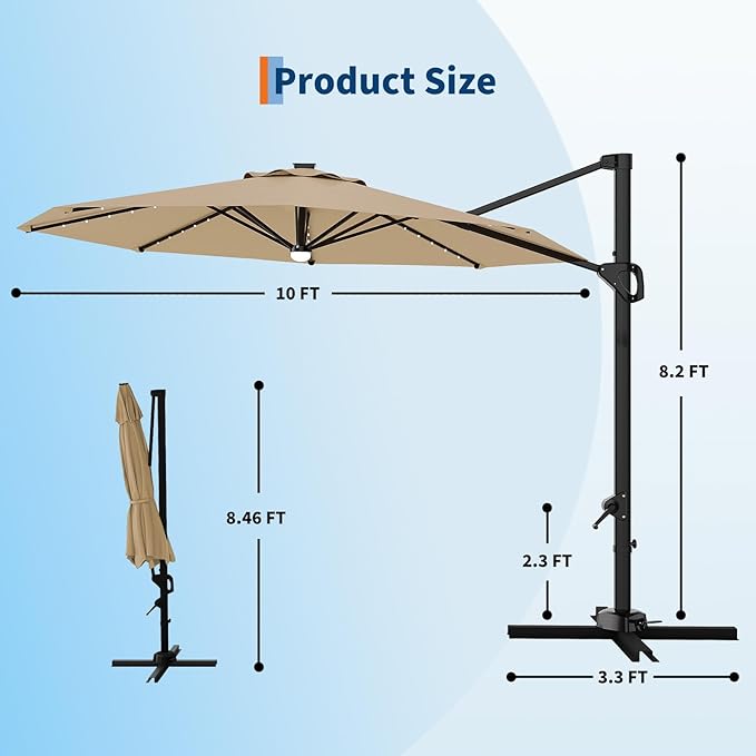 Garvee 10 ft Cantilever Patio Umbrella with Solar Lights, 360°Rotation Offset Umbrella, Easy Crank & Tilt Adjustment, UV Protection for Backyard, Poolside, Deck