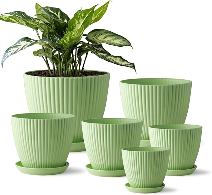 7.5/6.5/5.5/4.9/4.2/3.5 Inch Plant Pots with Saucers & Drain Holes - Indoor/Outdoor Flower Pots for Succulents, Herbs, Cactus - Modern Lightweight Durable Planter Set, Green