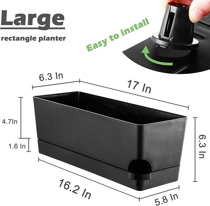 Self Watering Pots for Indoor Plants 17 Inches Window Boxes Planters Rectangular Flower Pots Rectangle Herb Pots Large Plant Pots with Drainage Holes and Saucers Windowsill Planter (4, Black)