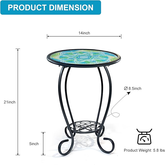 LIFFY Mosaic Outdoor Side Table, 14" Round Flower Patio Side Table, Mosaic Plant Stand, End Table W/Storage Shelf, Small Bistro Coffee Table for Garden Yard Porch Living Room